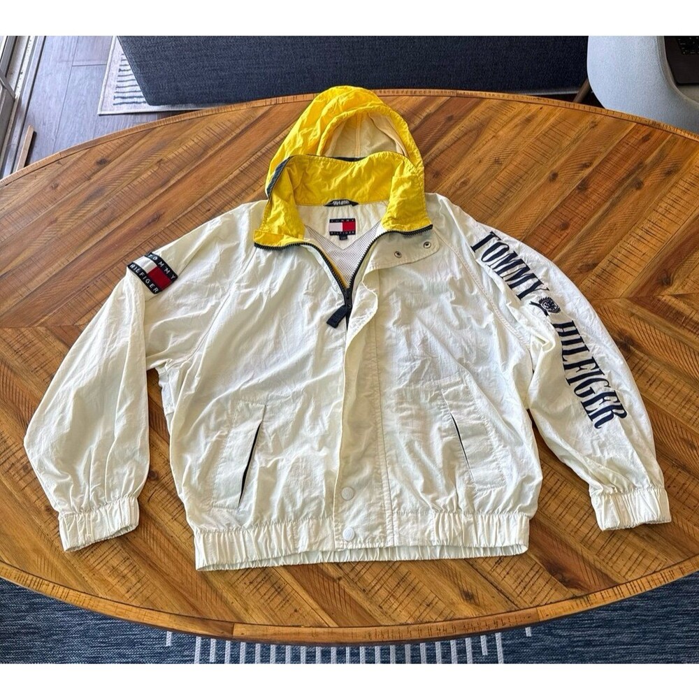 Vintage 90s Tommy Hilfiger Sailing Gear White Yellow Hooded Windbreaker Jacket M